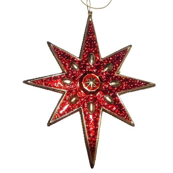 Red & Gold 8-Pointed Star Christmas Tree Ornament Shiny Metallic Large 6.5" - Picture 1 of 5
